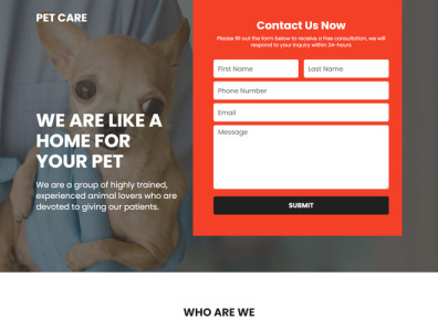 Pet care lead capture landing page