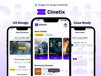 Movie Ticket Booking App • UX Design Case Study cinetix figma google ux design interaction design mobile app design movie ticket app movie ticketing app portfolio project ui design user persona user research ux case study ux design visual design