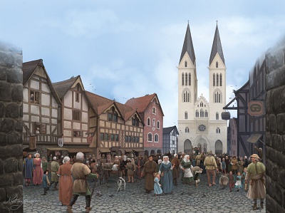 Medieval town scene architecture bookillustration childrensbook history illustration medieval middleages nonfiction painting photoshop storybook