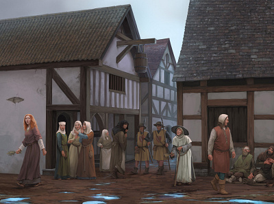 Medieval street scene bookillustration childrensbook history illustration medieval middleages nonfiction painting photoshop storybook