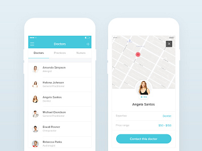 Mobile doctors screens android fitness flat health ios list map medical minimal responsive ui ux