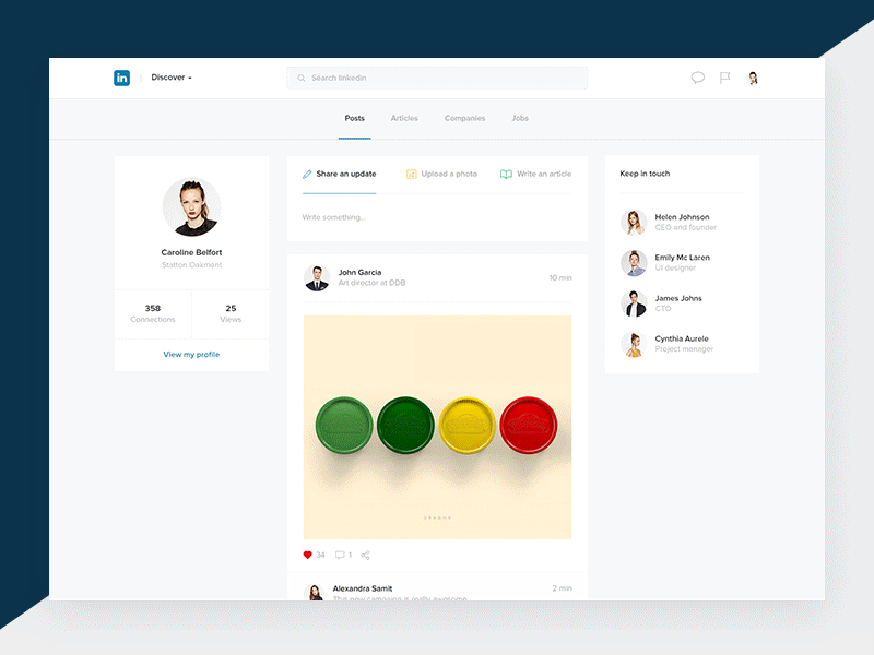 Homepage interactions linkedin interactions animation ux social profile feed flat network ui concept gif