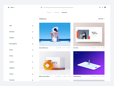 Dribbble Redesign Concept - Advanced Discovery categories elastic facets filters instagram invision minimal search sort tags user flow user journey