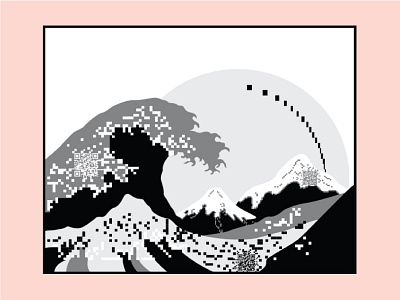 pixel wave blackwhite design hokusai illustration pixel postcard wave