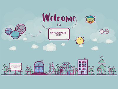 Welcome to Skyworkers City city cute icon illustration observatory planets plants space sweet tiny trees vector