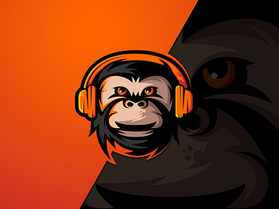 Music Monkey Logo ape logo apes branding design gorilla headphone headphone logo illustration logo mascot mascotlogo monkey monkey logo music music app music logo music player orange vector