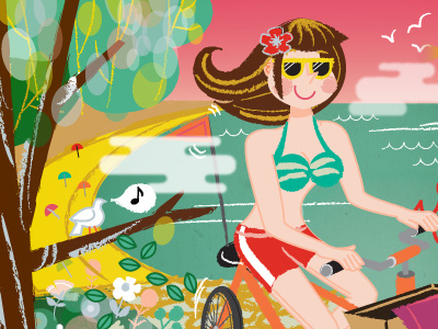 WIP II beach bicycle bikini bird birds boardshorts branch flowers girl leaves seaside shorts sunglasses tree umbrellas waves