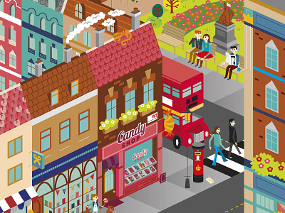 London Candy Shop buildings candy city illustration isometric london people postbox shop sweets the beatles