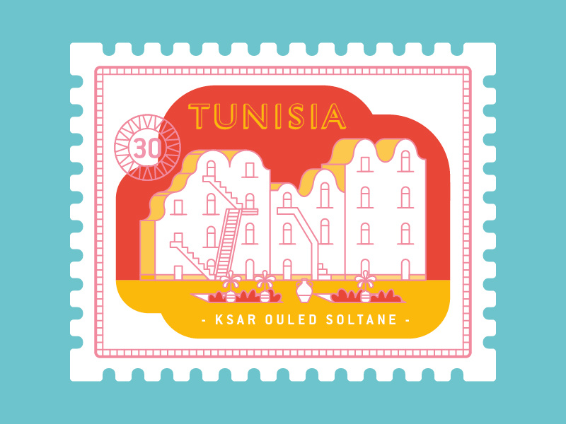 Tunisia ksar ouled soltane illustration travel stamp postage stamp granary africa tunisia