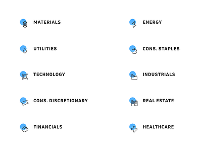 Icons color code consumer energy financials gas healthcare iconography icons industrials materials real estate utilities water