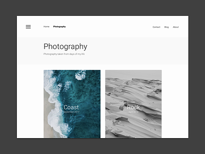 Photography digital showcase blog clean gallery landing page minimalism overlays photography pictures portfolio card ui