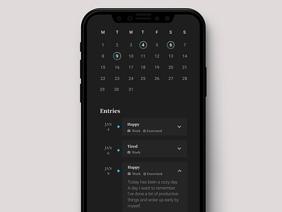 Journal App Calendar Overview Page app app design black clean dark mobile app product ui uidesign ux uxdesign