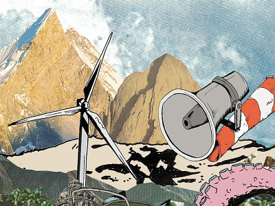 Timboektoe (detail) colorful illustration line mountains photograph windmill