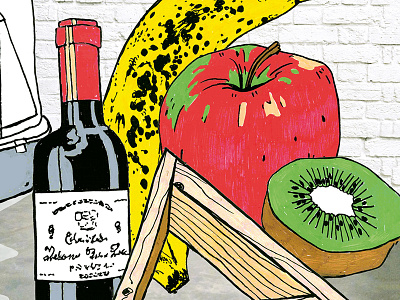 The Writer / The World (Detail) apple banana colorful illustration kiwi line photograph wine