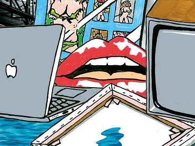 The Writer / The World (Detail 2) colorful illustration laptop line lips painting photograph screen