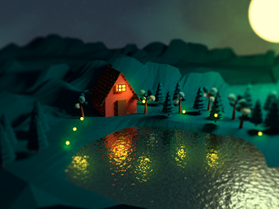 The Lake House 3d house lake low poly night