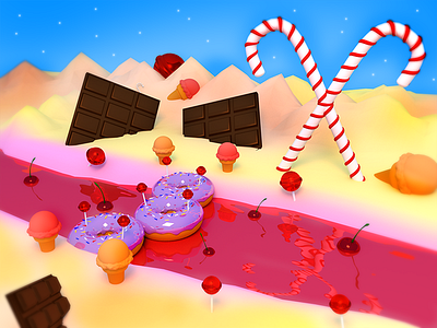 Candy river 3d blender candy chocolate donut icecream illustration lollipop lowpoly red render river