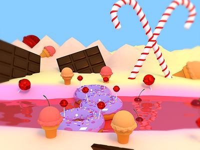 Candy river #2 3d blender candy chocolate donut icecream illustration lollipop lowpoly red render river