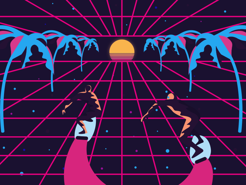 A trip in spacetime future illustration journey pink purple retro space synthwave time trip vector vintage