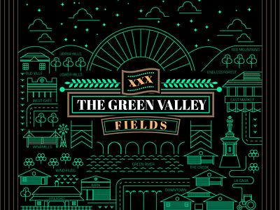 The Green Valley art black city green illustration line lineart town valley vector village ville