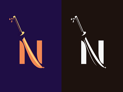N + Katana blade japan katana letter lettermark logo logotype ninja orange purple samurai sword