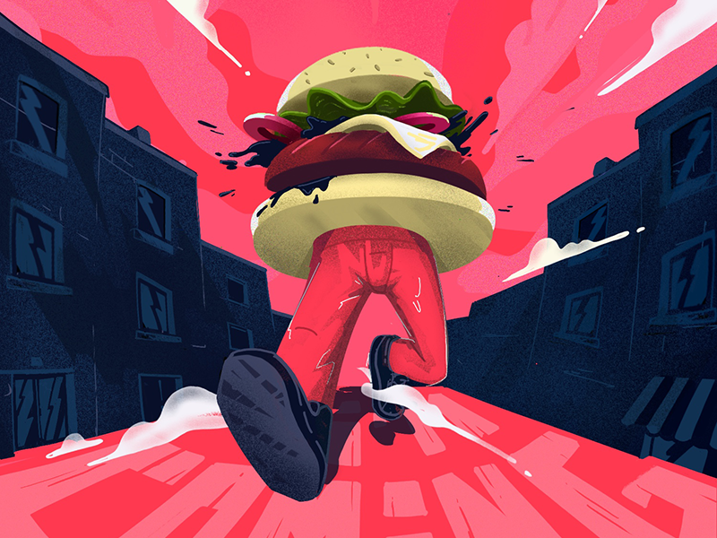 Burger walking in the street 3d design illustration street food pespective ipad procreate sketch cartoon walking burger
