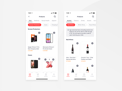 Bringova - Listing Page add to cart age limit apple categories design discover food and drink groceries ios iphone 11 iphone 11 pro iphone x listing mobile app product card product listing segment ui user experience ux