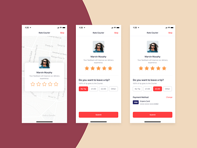 Bringova - Rate Courier & Leave a Tip add tip courier design driver food app ios iphone 11 iphone x map mobile app order track rate rating review star tip tipping ui user experience ux