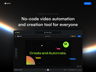 Create Video - Landing Page automation beta branding browser based application collaboration design features gradient growth landing no code product design startup ui user experience ux video editing video editor waiting list web app