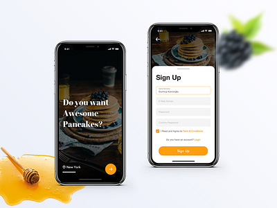 Food Application Sign Up app blackberry blueberry cake concept design cook daily ui food iphone x login material design mobile onboarding orange pancake restaurant sign up strawberry ui ux