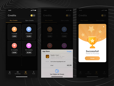 Faladdin - Credits Gamification [ Fortune Teller Mobile App ] balance buy coins credit dark app design faladdin fortune teller in app purchases interface ios iphone x magician mobile app packages pop up successful tarot cards ui ux