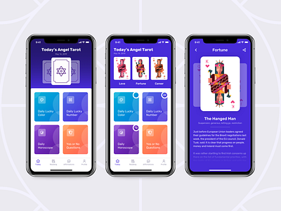 Astral Angel - Angel Tarot Cards Fortune App angel app card component concept daily tarot design detail fortune app fortune teller home horoscope interaction ios iphone x lucky mobile app tarot app ui ux