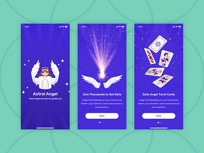 Astral Angel - Onboarding Screens [ Fortune App ] angel card deck design fortune teller glow horoscope iphone 11 iphone 11 pro iphone x magic magical marketing mobile app onboarding purple step ui user experience ux walkthrough