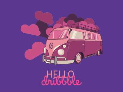 Hello Dribbble bus clouds dribbble pink purple travel