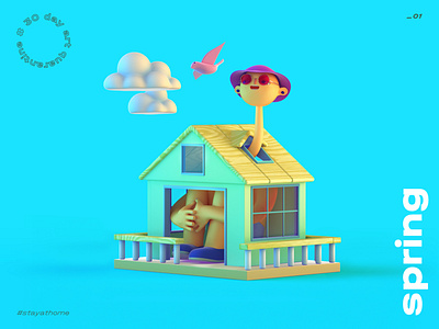 spring. quarantine series 3d 3d character character cinema 4d clean home house illustration minimal quarantine simple spring ui illustration