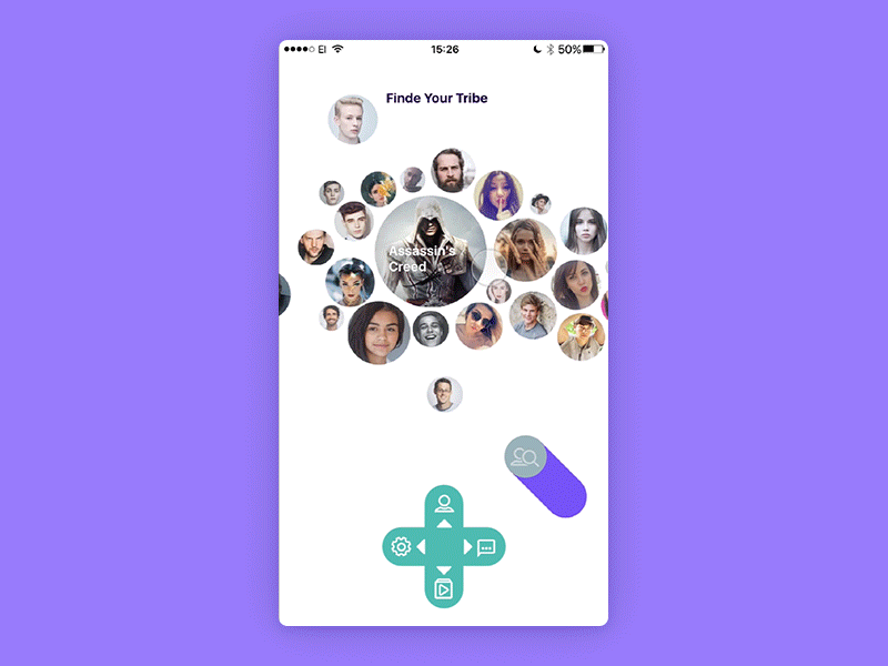discover screen for social network app for gamers app circle design interaction ios menu mobile motion principle ui ux
