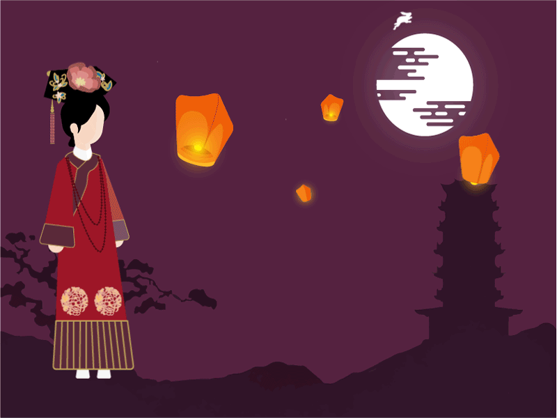 Mid Autumn Festival animation asian autumn bunny chinese girl lamp moon