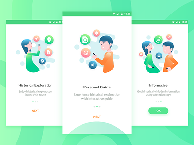 Onboarding of KRB Heritage android app character clean design historical illustration material mobile onboarding screen welcome