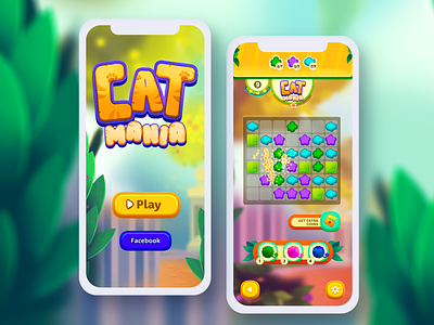 Cat Mania • Game User Interface (GUI) 2d button cat cute design gameplay gui hud illustration interface match score screen splashscreen ui ux