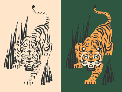 Year of the Tiger 2022 animal design eyes graphic design grass illustration plant plants poster print print design stripes third eye tiger vector year of the tiger