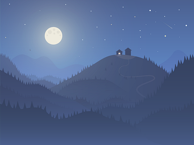 Farm on a hill farm hills illustrator moon night stars