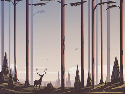 Trees and stuff deer forest illustrator landscape sunset