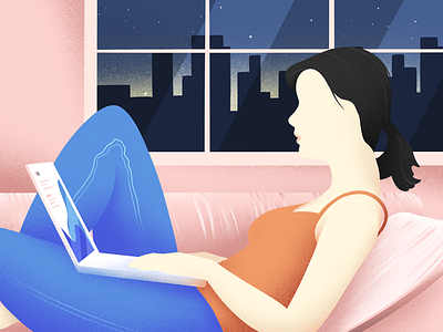 A Late Night Over the City apple pencil art browsing city couch girl grain illustration grain texture illustration illustrator ipad pro laptop night pink procreate window