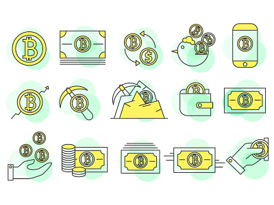 Simple bitcoin icon set on yellow