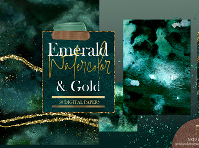 Emerald and gold Watercolor Backgrounds branding emerald and gold graphic design graphics graphics bundle green and gold green textures mystery forest watercolor watercolor backgrounds