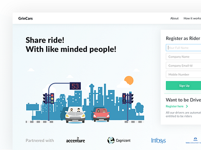 Ride Share app - Landing Page - WIP app car pool carpool forms mobile ride signup uber web