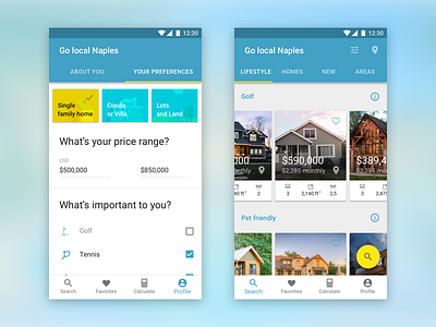 Golocalnaples inner screens for Android android material design real estate search ui ux