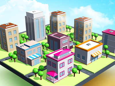 Small Town 3d block building c4d cinema4d coloring concept cube digital house icon illustration isometric minimal painting perspective shadow shape structure tree