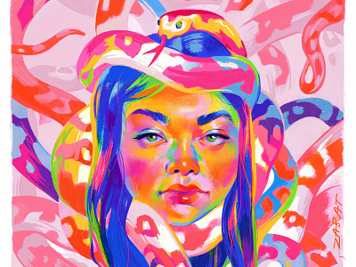 Snake Queen art colorful digital digitalart drawing girl illustration illustrator mixedmedia pencils portrait snakes woman womanportrait