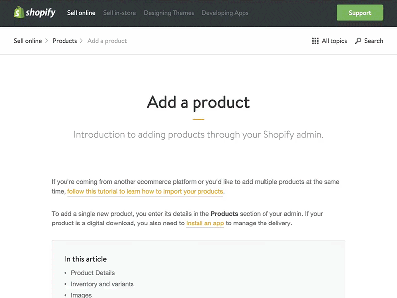 Shopify Documentation animation bounce clean dashboard forum help modal overlay shopify support ui ux